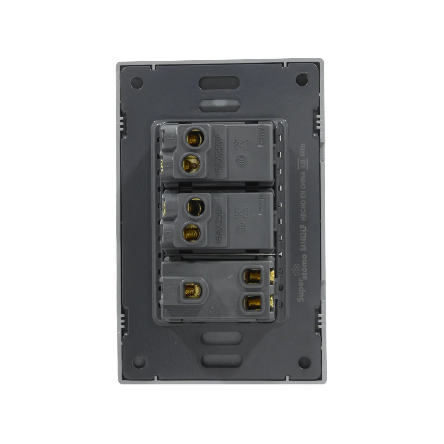 Mecanismo Super átomo SA1402-LP gris para placa, con 2 apagadores y 1 contacto 16A/250V.