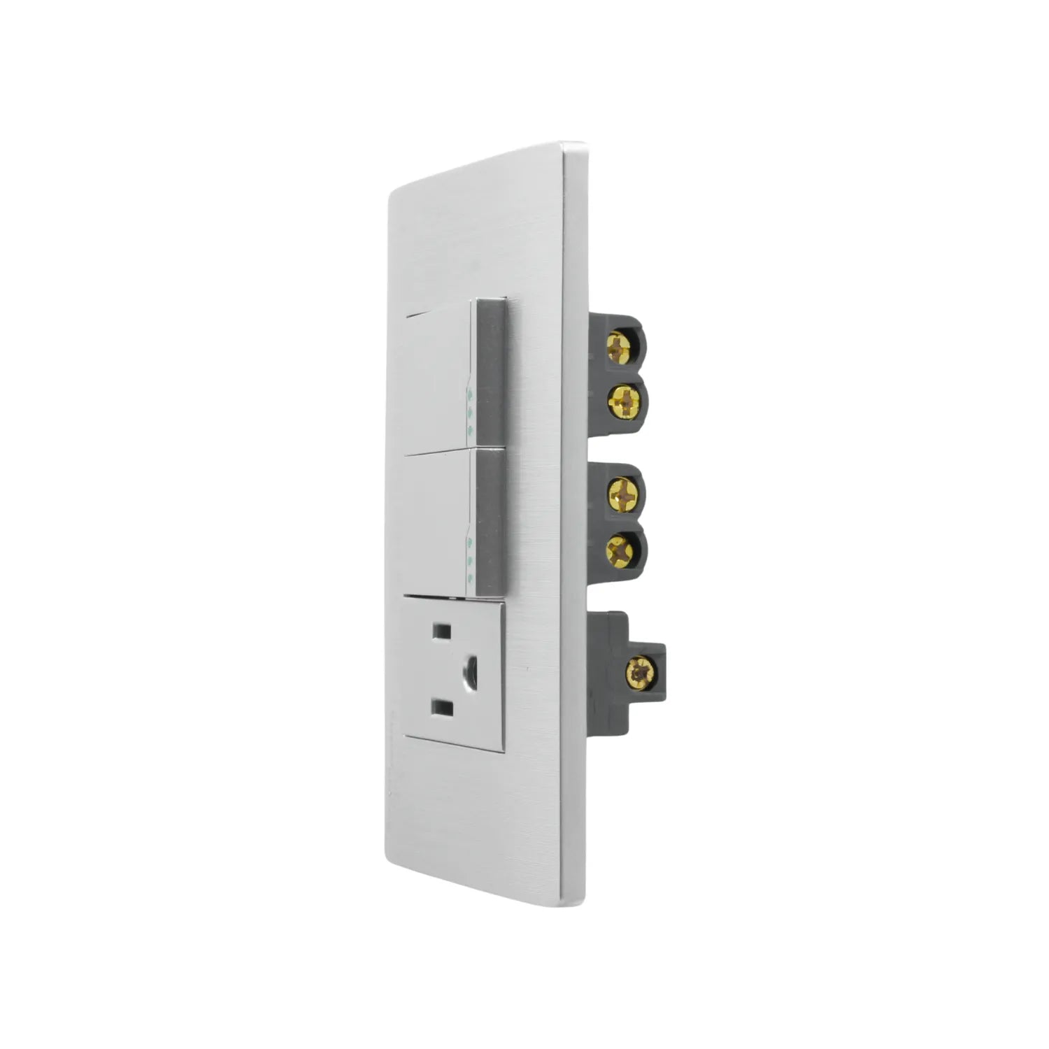 Placa eléctrica metálica plateada con 2 interruptores de luz y 1 contacto, ideal para instalaciones de pared