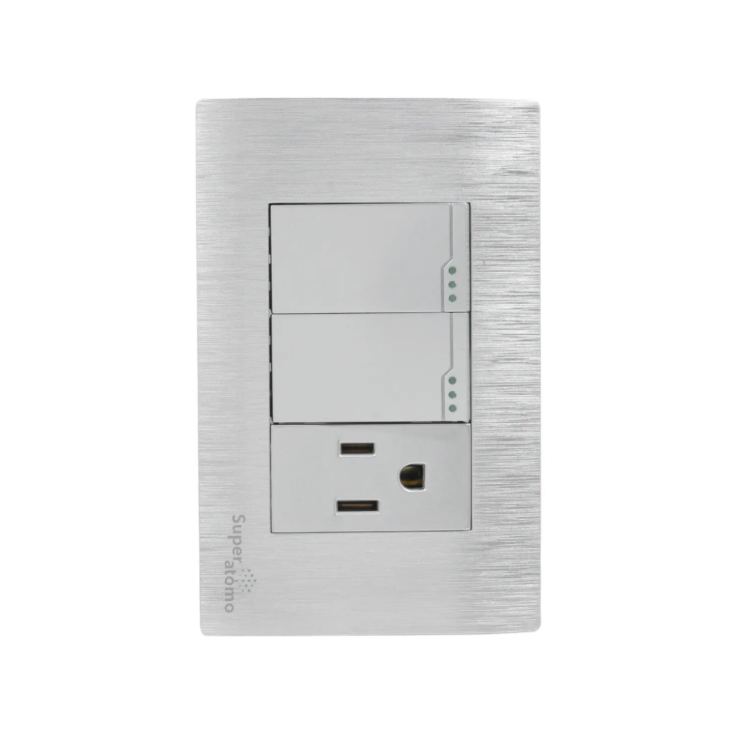 Placa Super átomo de aluminio cepillado con 2 interruptores de luz y 1 tomacorriente con cargador USB