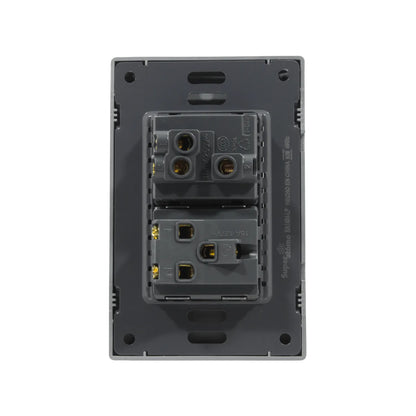 Placa Super átomo gris oscura, conexiones traseras para apagador escalera y contacto 10A 250V, 15A 127V