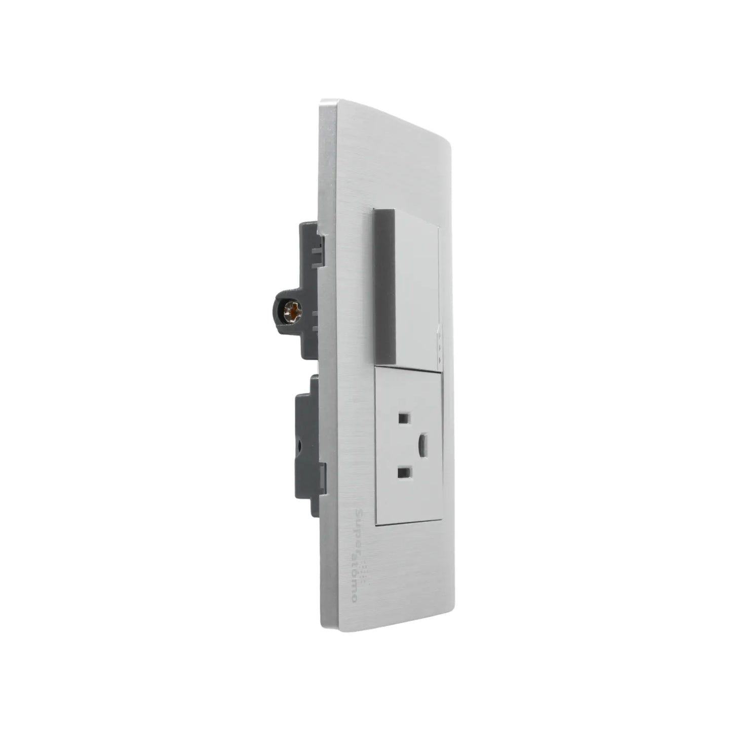 Placa eléctrica Super átomo plateada cepillada con 1 apagador escalera y 1 contacto tomacorriente