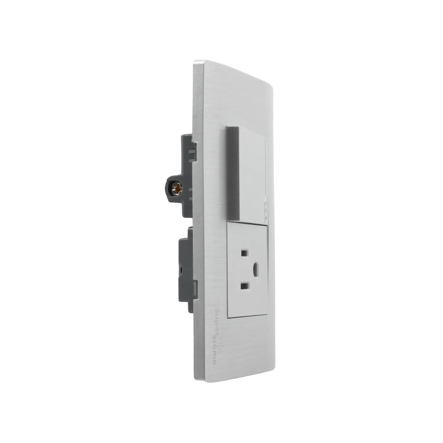 Placa eléctrica Super átomo plateada cepillada con 1 apagador escalera y 1 contacto tomacorriente