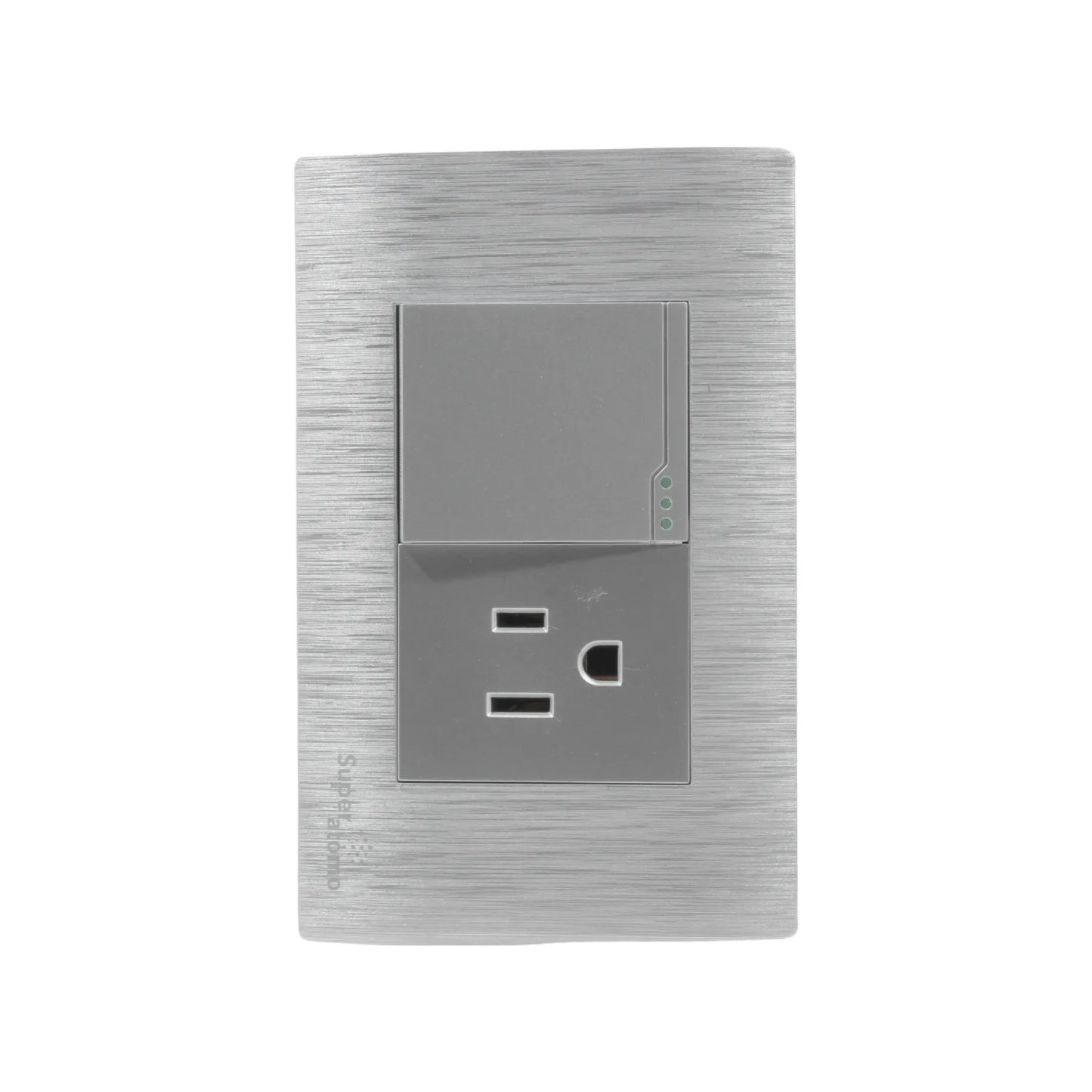 Placa eléctrica Super átomo con 1 apagador de escalera y 1 contacto, acabado plata cepillado.