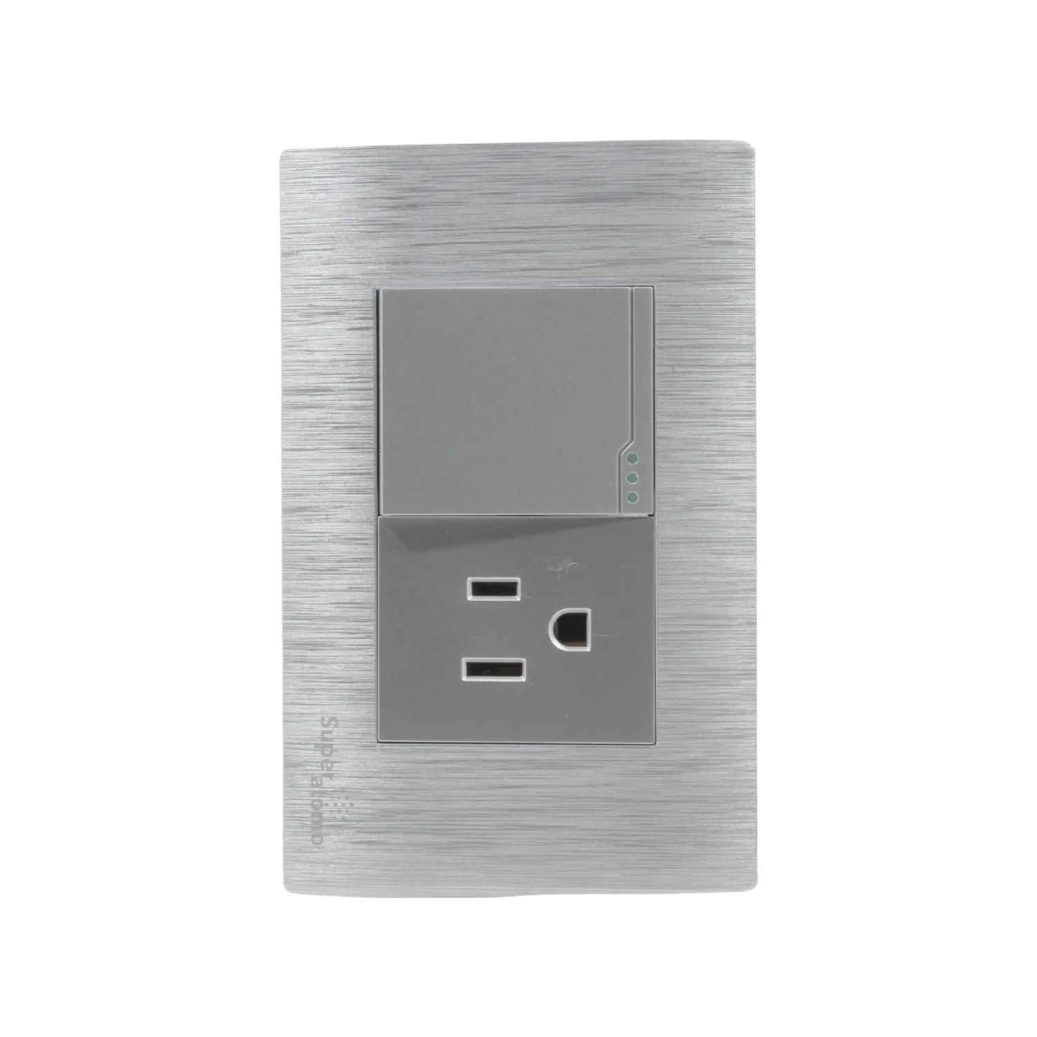 Placa eléctrica Super átomo con 1 apagador de escalera y 1 contacto, acabado plata cepillado.
