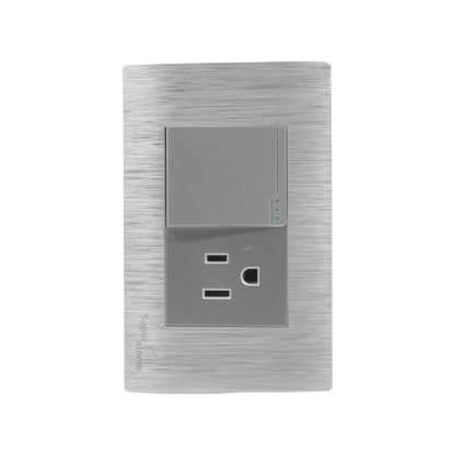 Placa eléctrica Super átomo con 1 apagador de escalera y 1 contacto, acabado plata cepillado.