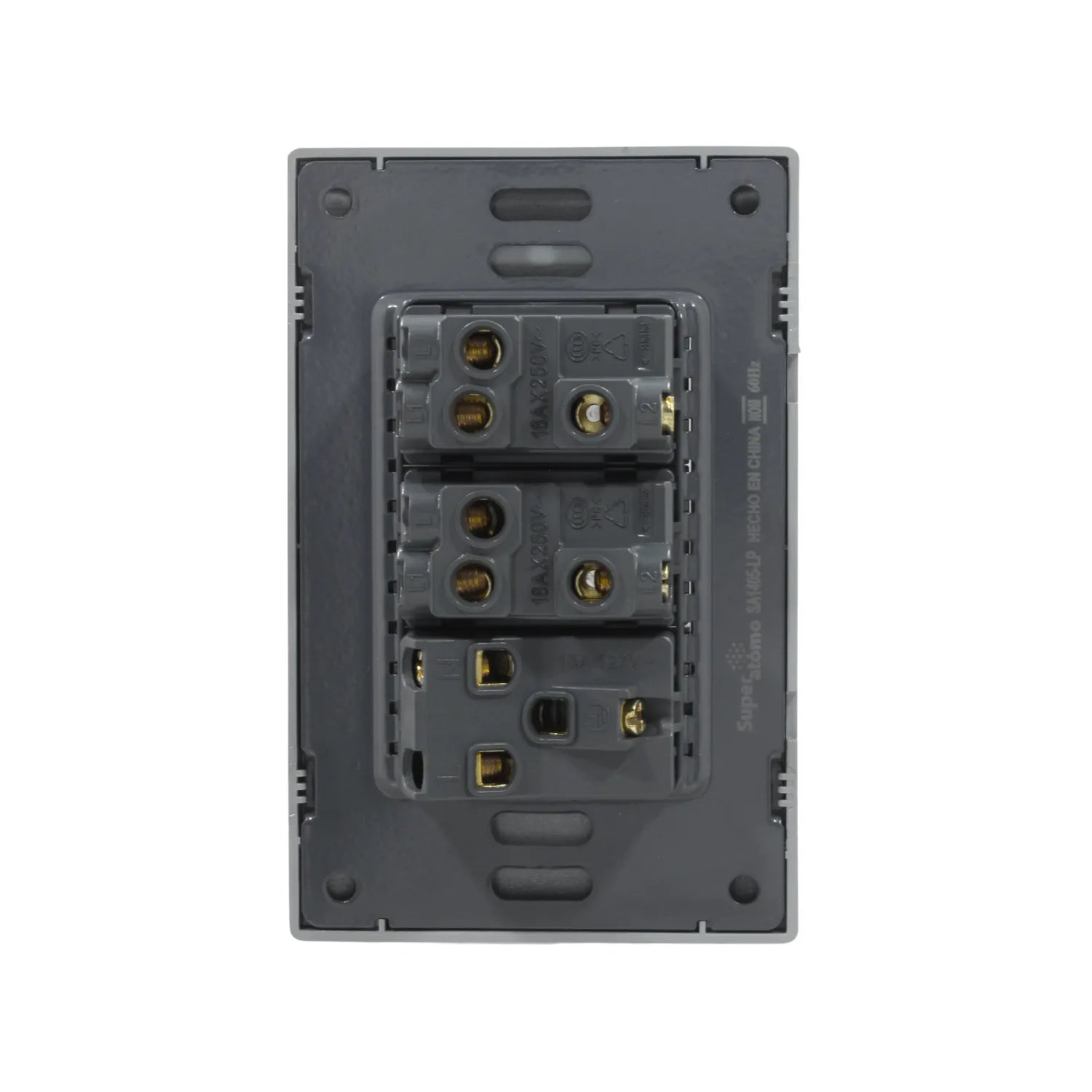 Placa eléctrica Super átomo gris, parte posterior con 2 interruptores escalera y 1 contacto 16A 250V