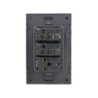 Placa eléctrica Super átomo gris, parte posterior con 2 interruptores escalera y 1 contacto 16A 250V