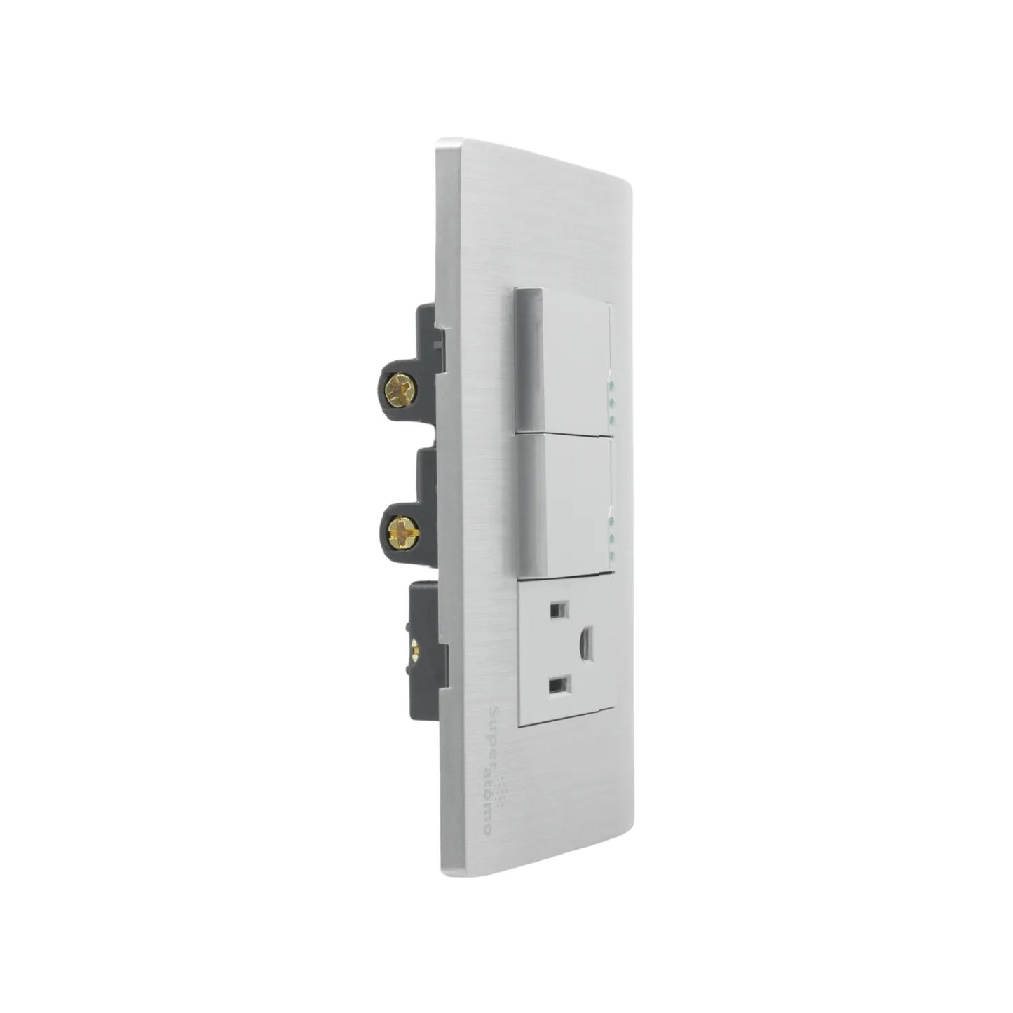 Placa eléctrica Super átomo plateada con 2 apagadores de escalera, luces indicadoras y 1 contacto polarizado