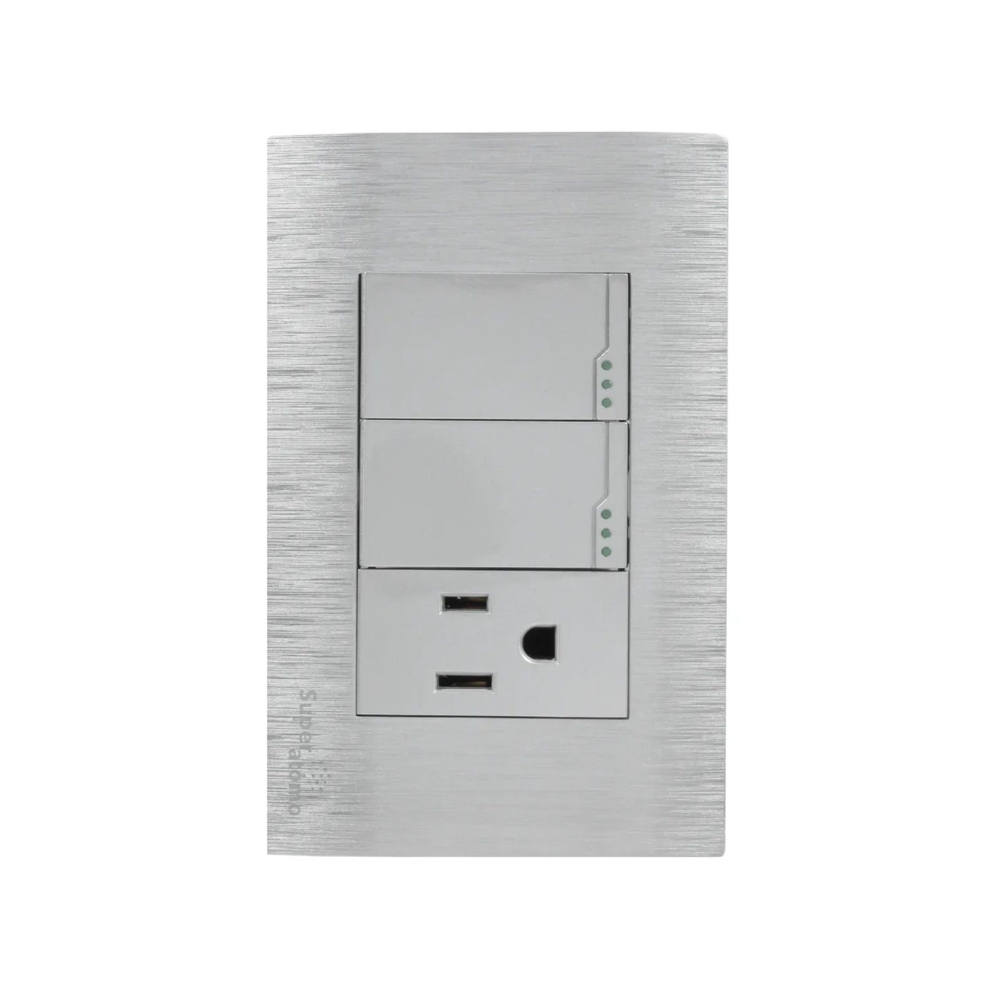 Placa de pared Super átomo, metal plata cepillado, con 2 interruptores, 1 tomacorriente y 2 puertos USB de carga.