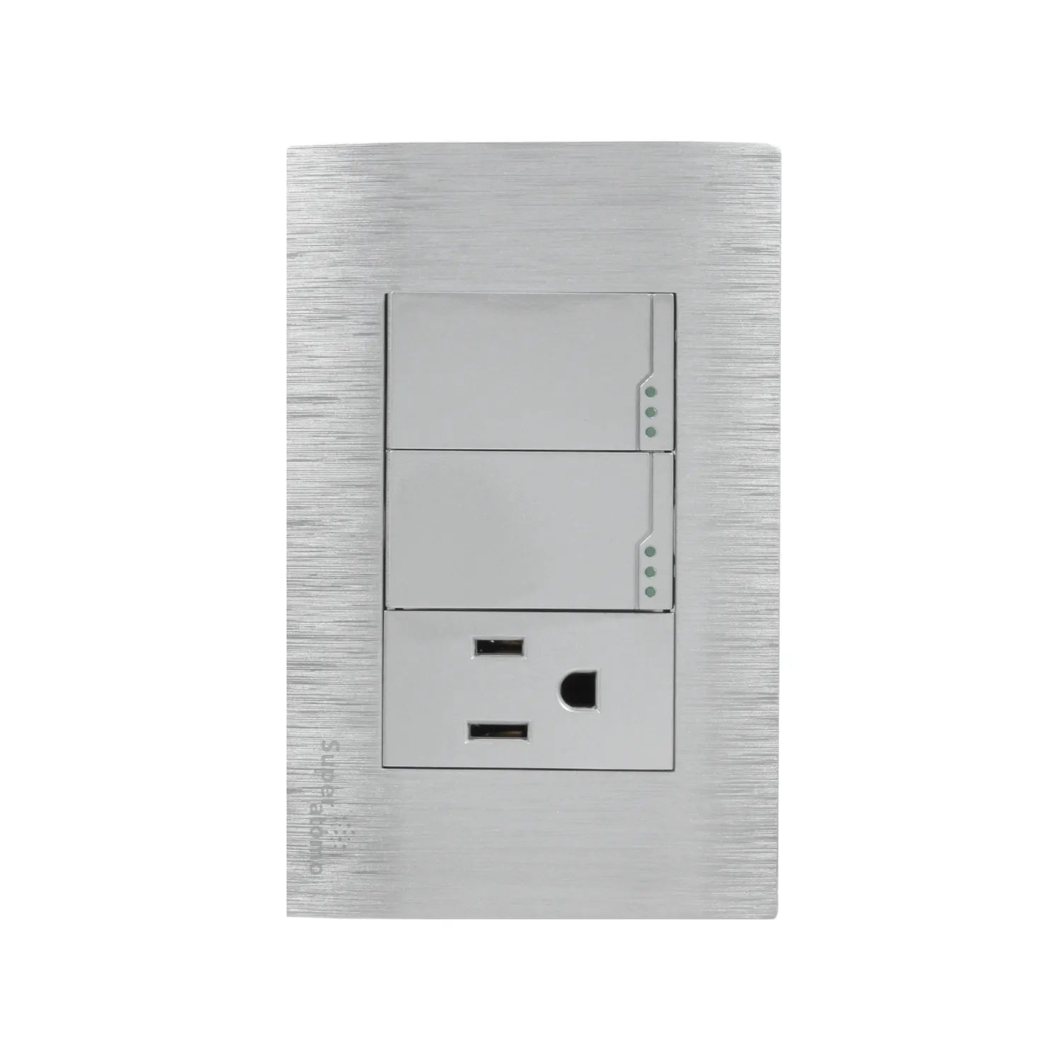 Placa de pared Super átomo, metal plata cepillado, con 2 interruptores, 1 tomacorriente y 2 puertos USB de carga.
