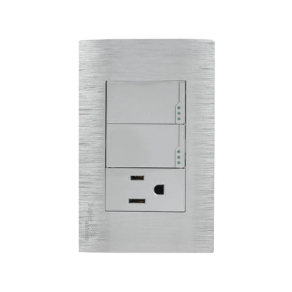 Placa de pared Super átomo, metal plata cepillado, con 2 interruptores, 1 tomacorriente y 2 puertos USB de carga.