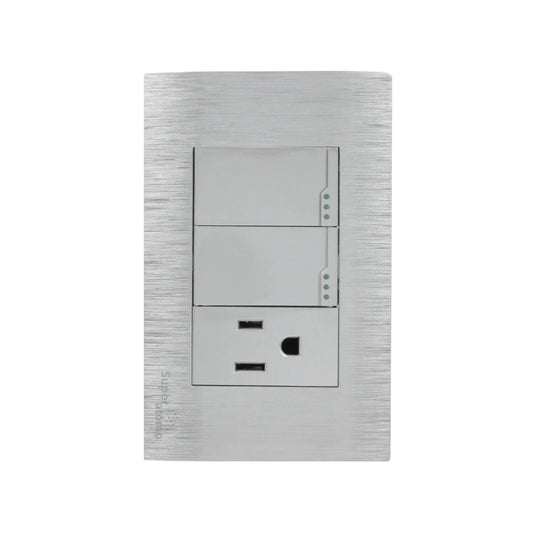 Placa de pared Super átomo, metal plata cepillado, con 2 interruptores, 1 tomacorriente y 2 puertos USB de carga.