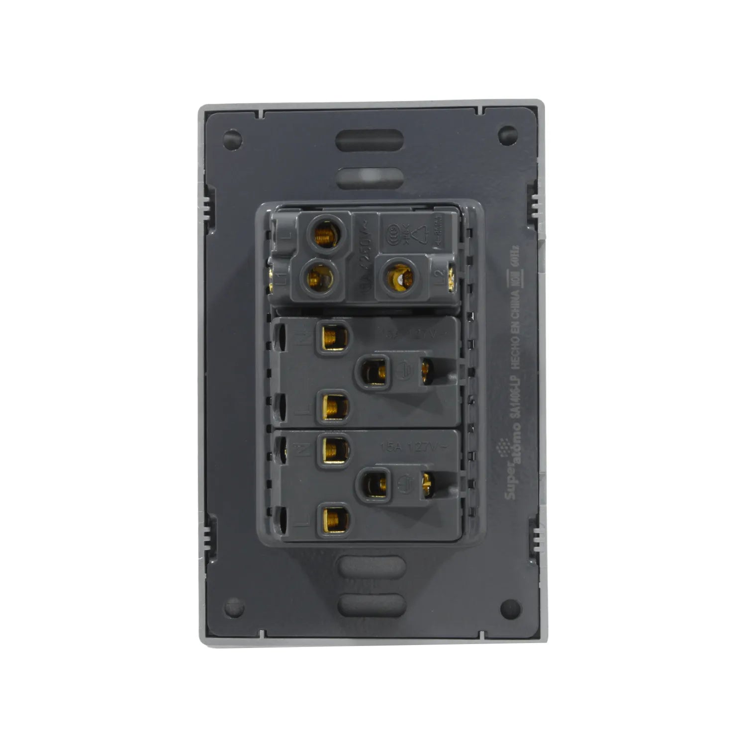 Parte trasera de placa eléctrica Super átomo gris con un módulo 10A 250V y dos contactos 15A 127V