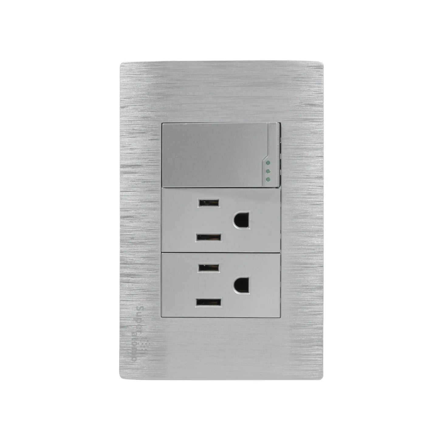 Placa eléctrica Super Átomo plata cepillada. Incluye 1 interruptor de luz con LED y 2 tomas de corriente dúplex.