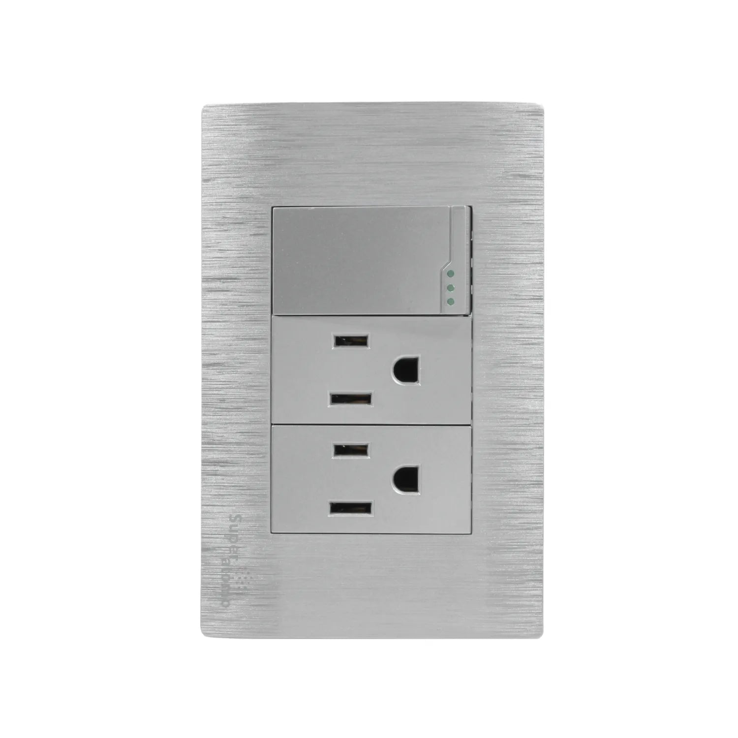 Placa eléctrica Super Átomo plata cepillada. Incluye 1 interruptor de luz con LED y 2 tomas de corriente dúplex.