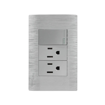 Placa eléctrica Super Átomo plata cepillada. Incluye 1 interruptor de luz con LED y 2 tomas de corriente dúplex.