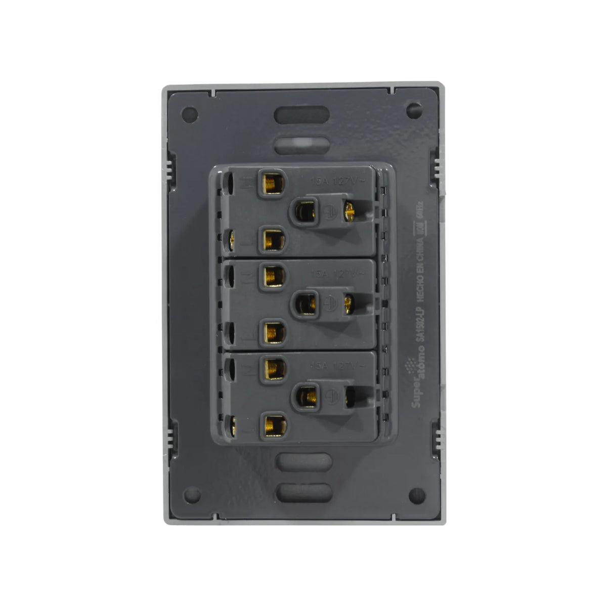 Placa tomacorriente Super átomo triple gris 15A 127V, vista posterior.