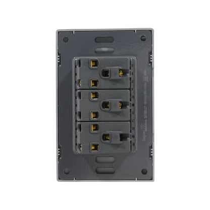 Placa tomacorriente Super átomo triple gris 15A 127V, vista posterior.