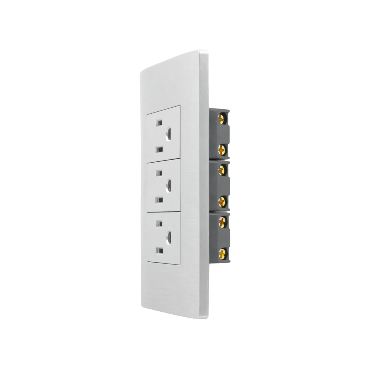 Placa eléctrica blanca con acabado metálico, 3 contactos o tomacorrientes de pared para uso doméstico.