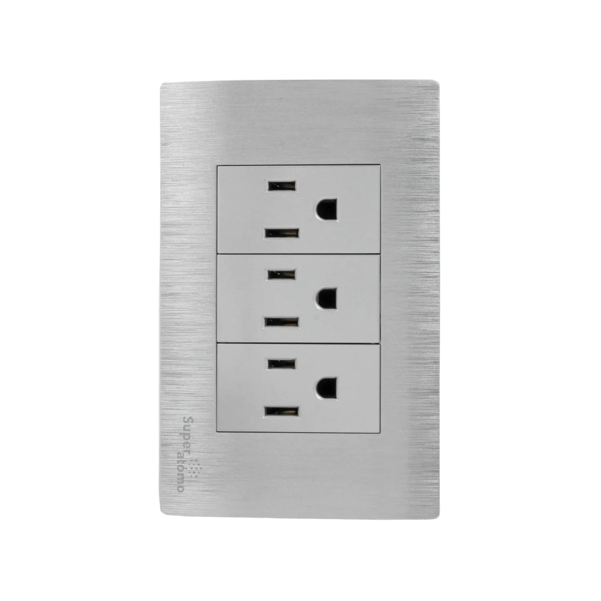 Placa Super átomo 3 contactos eléctricos polarizados, tomacorriente triple plateado con acabado metálico cepillado.