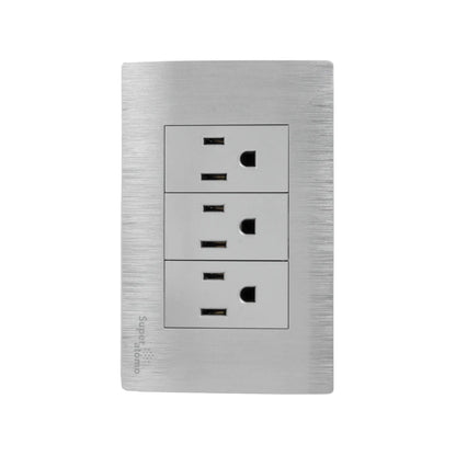 Placa Super átomo 3 contactos eléctricos polarizados, tomacorriente triple plateado con acabado metálico cepillado.