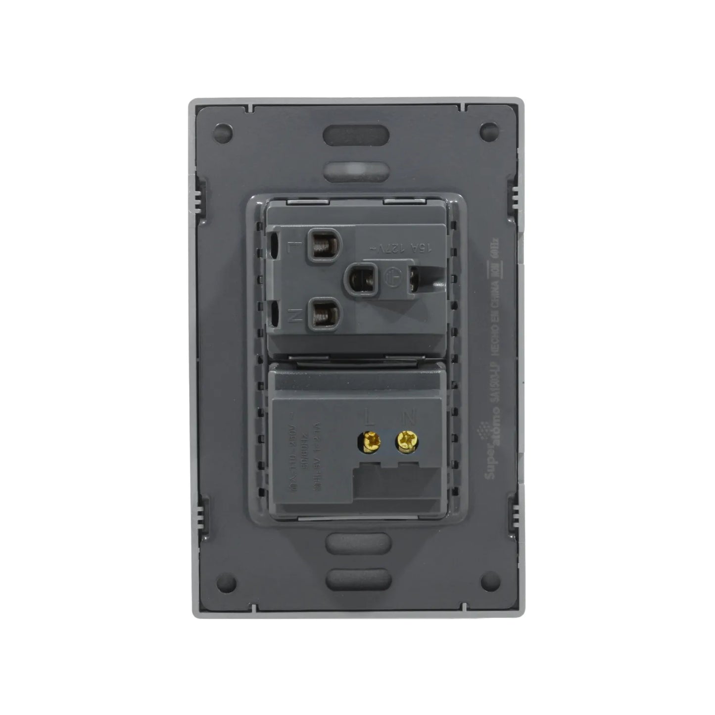 Placa Super átomo gris con toma de corriente 15A 127V y cargador USB 5V 2.1A, conexiones L/N traseras