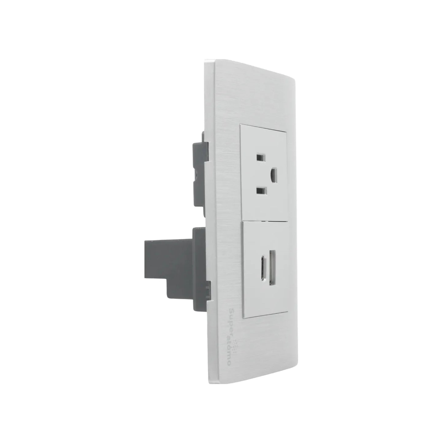 Placa eléctrica plateada Super átomo con 1 contacto, puerto USB-A y USB-C para carga rápida.