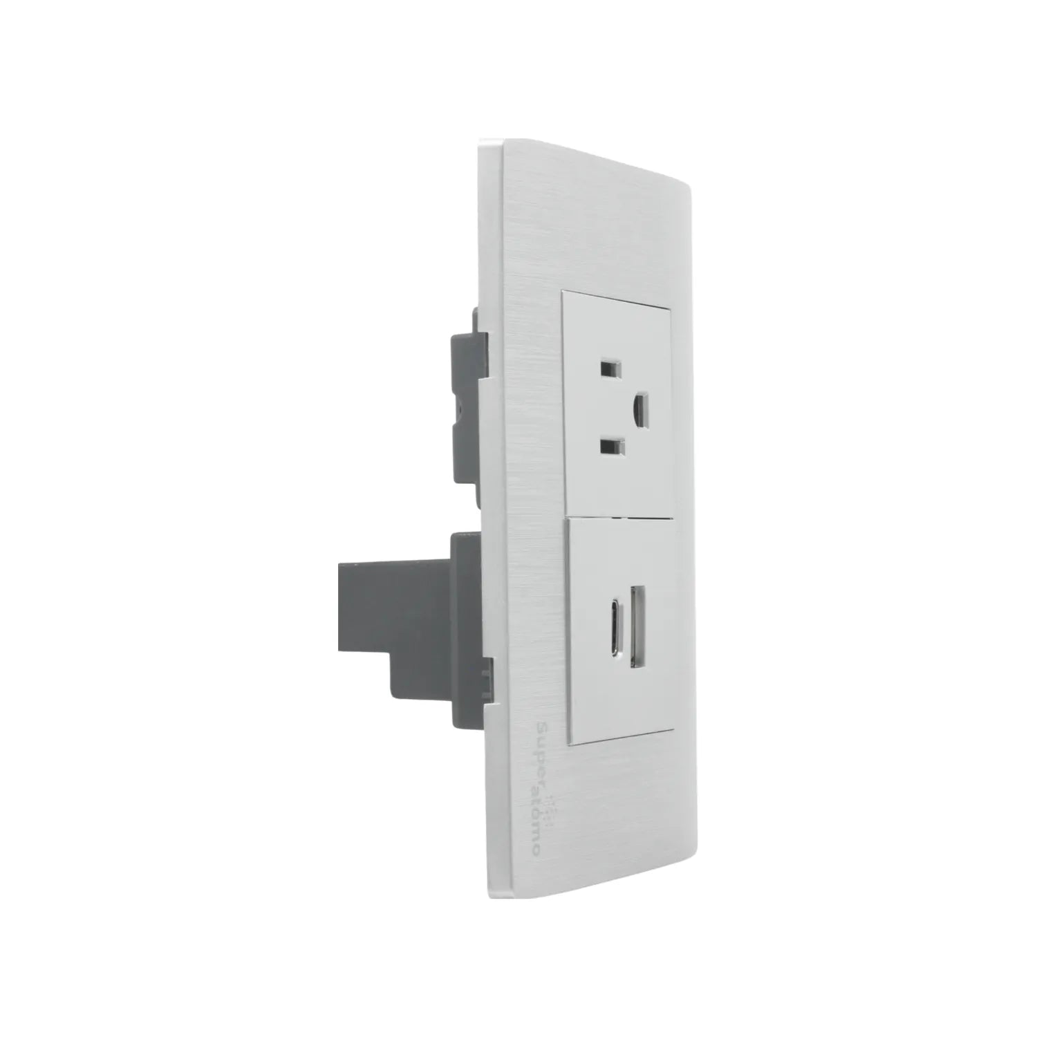 Placa eléctrica plateada Super átomo con 1 contacto, puerto USB-A y USB-C para carga rápida.