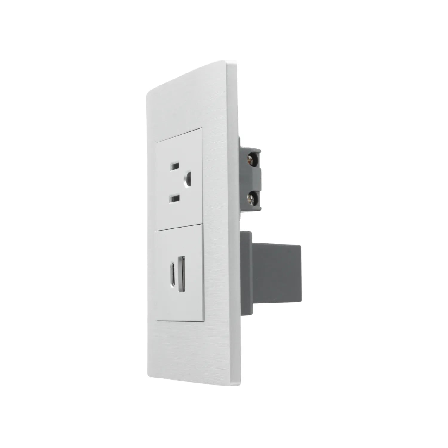 Placa de pared eléctrica con contacto y puerto USB-A, acabado plateado moderno para carga de dispositivos.
