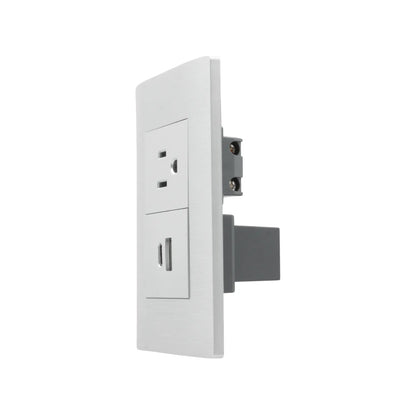 Placa de pared eléctrica con contacto y puerto USB-A, acabado plateado moderno para carga de dispositivos.