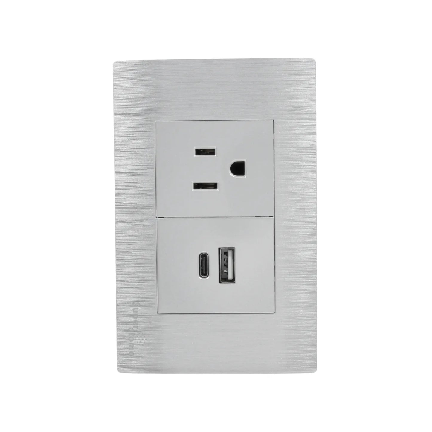 Placa de pared Super átomo plata cepillada con tomacorriente, cargador USB-A y USB-C