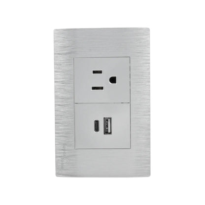 Placa de pared Super átomo plata cepillada con tomacorriente, cargador USB-A y USB-C