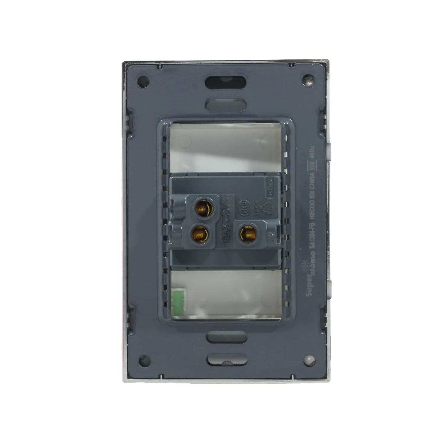 Módulo apagador escalera Super átomo SA1304-PB gris oscuro, parte trasera con terminales de tornillo para instalación.