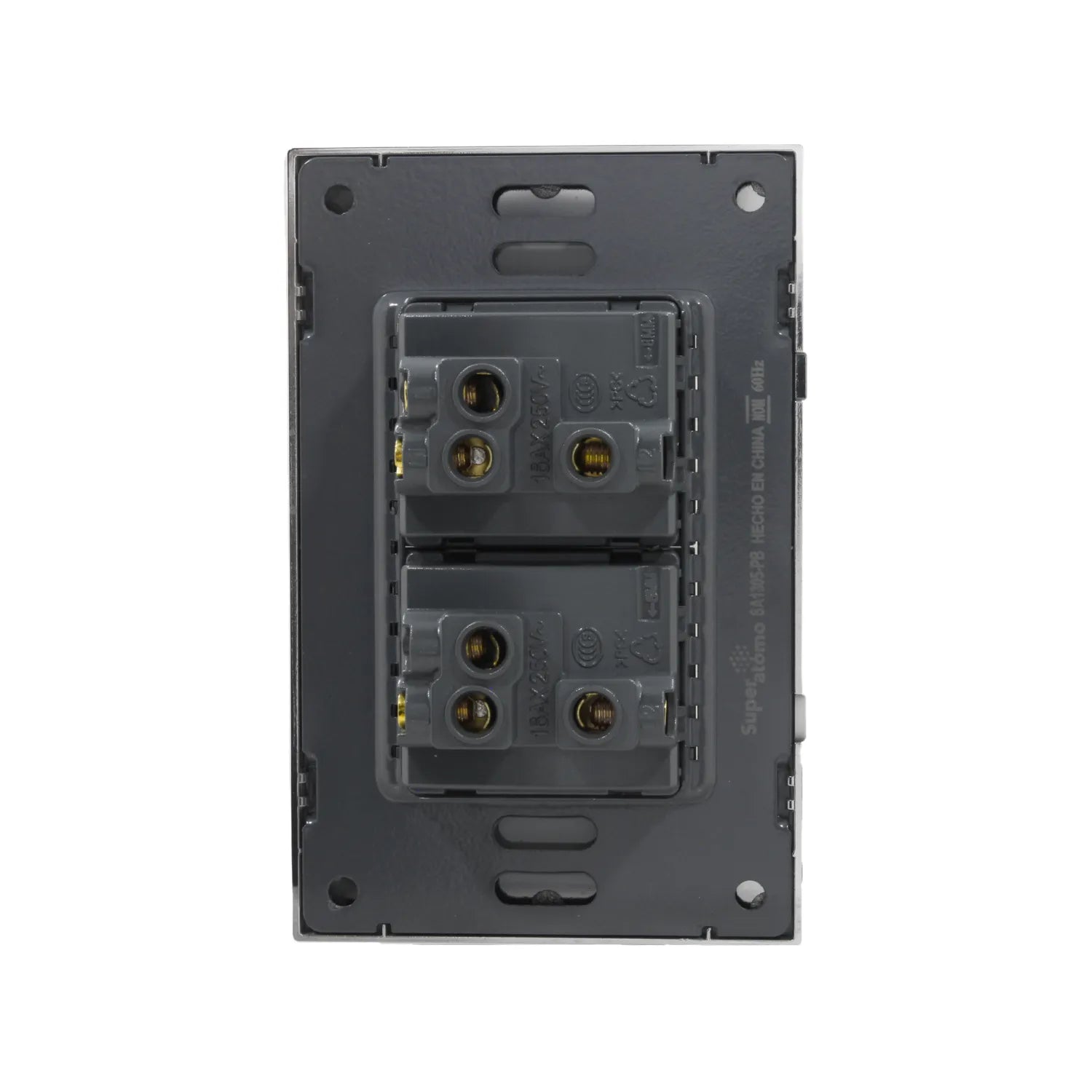 Placa Super átomo SA1305-PB de 2 apagadores de escalera, vista trasera con terminales de cableado 16A 250V.