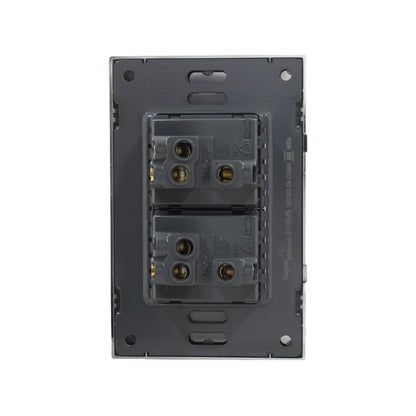 Placa Super átomo SA1305-PB de 2 apagadores de escalera, vista trasera con terminales de cableado 16A 250V.