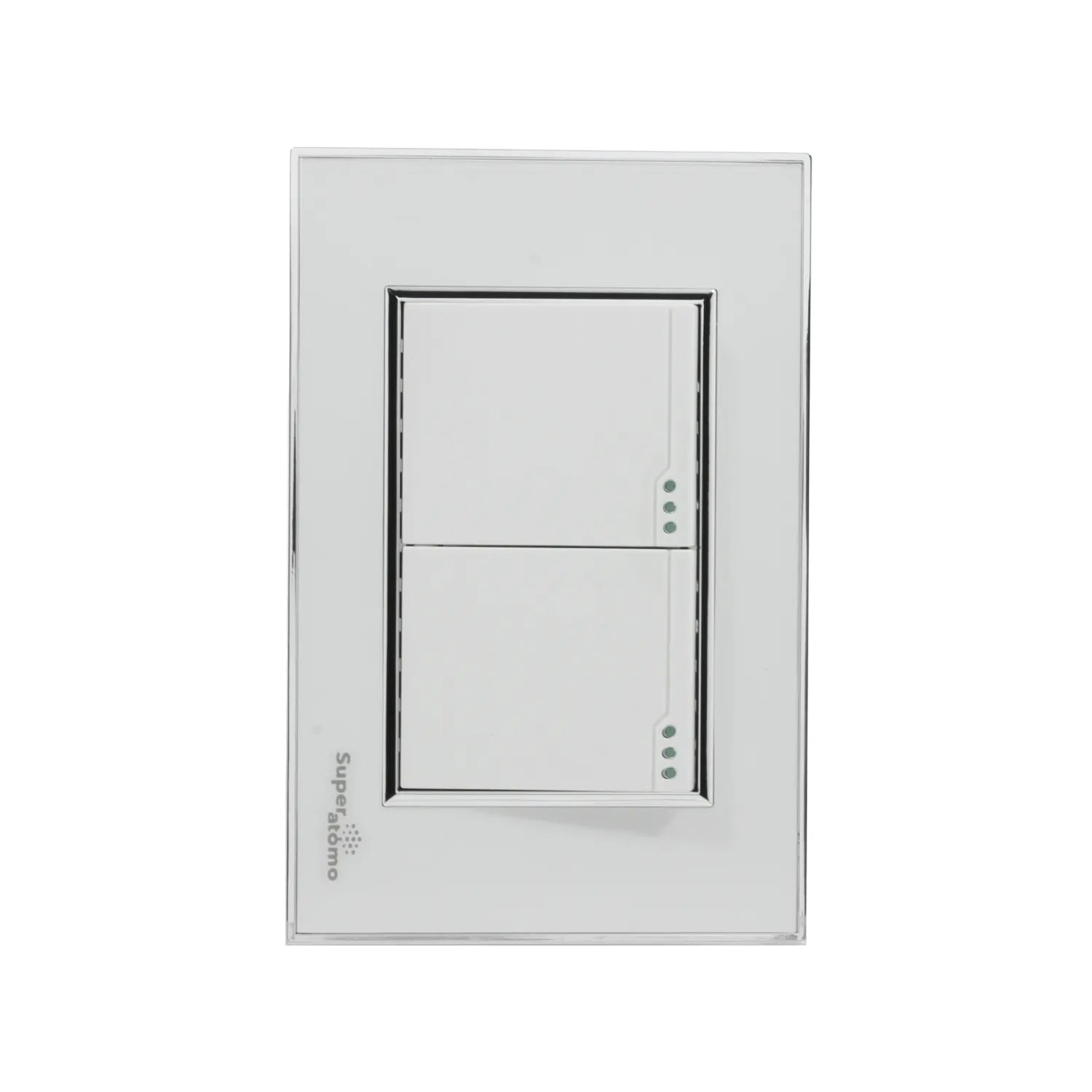 Placa blanca Super átomo para 2 apagadores de luz. Interruptor doble tipo escalera con LEDs.