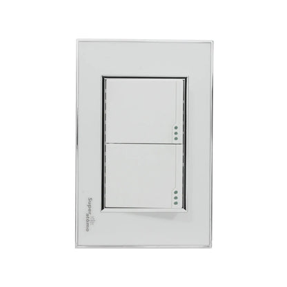 Placa blanca Super átomo para 2 apagadores de luz. Interruptor doble tipo escalera con LEDs.