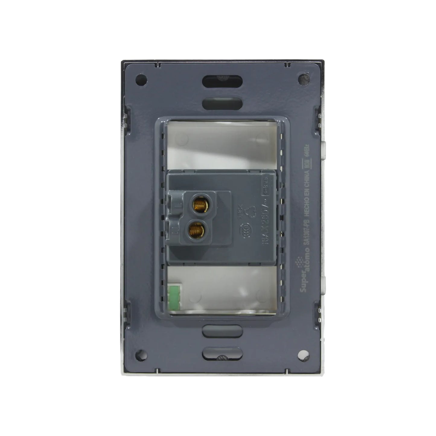 Placa botón timbre Super átomo SA1307-PB, reverso gris con terminales para conexión eléctrica.