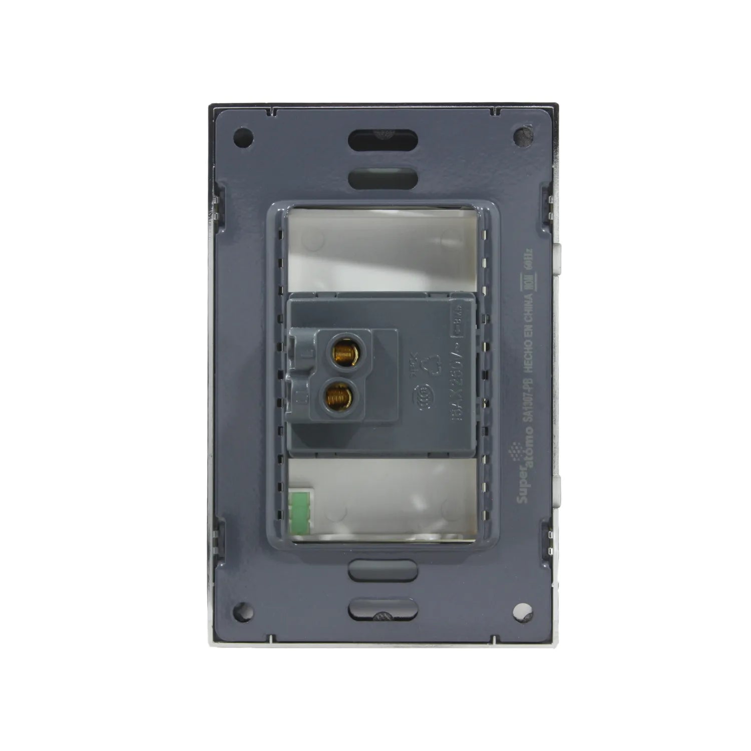 Placa botón timbre Super átomo SA1307-PB, reverso gris con terminales para conexión eléctrica.