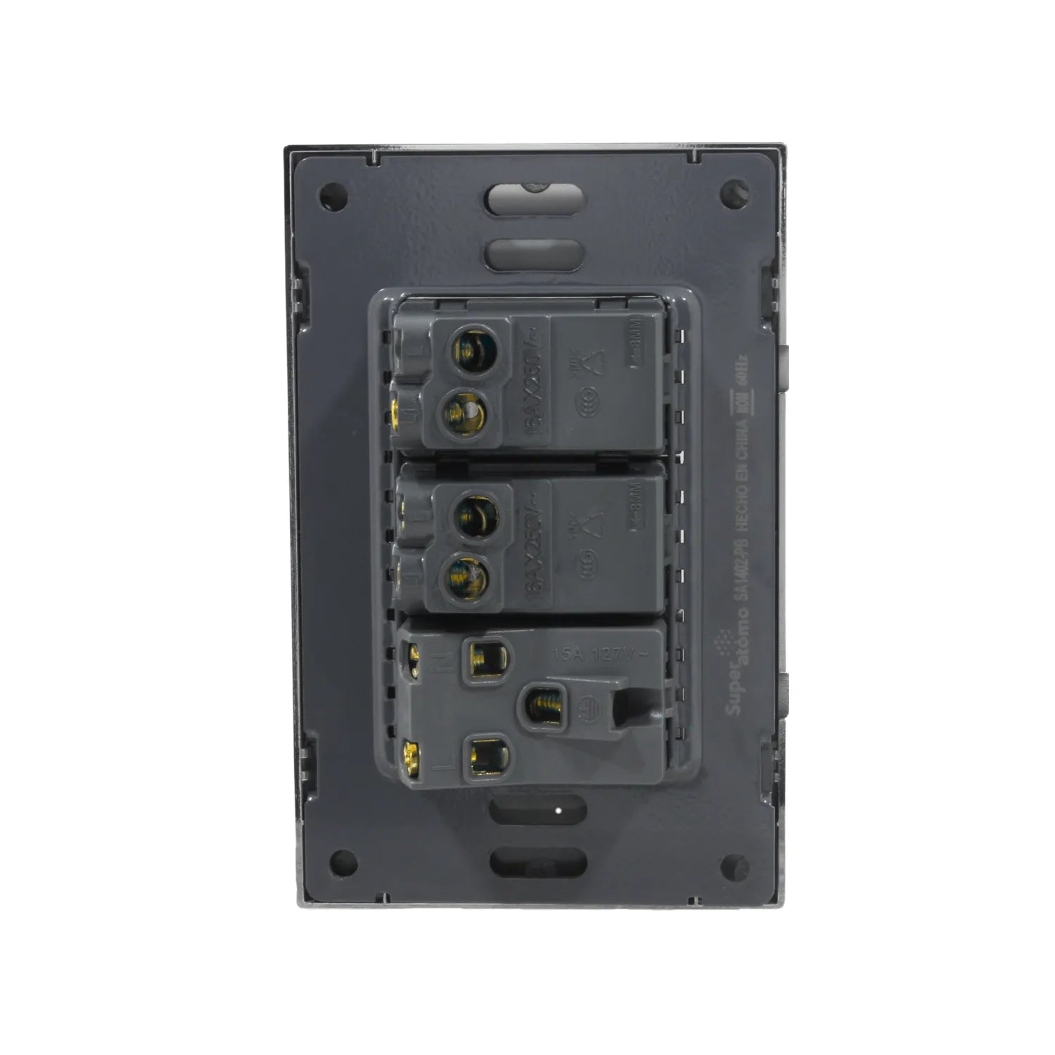 Placa eléctrica Super átomo gris oscuro con 2 apagadores y 1 contacto, vista trasera para instalación.