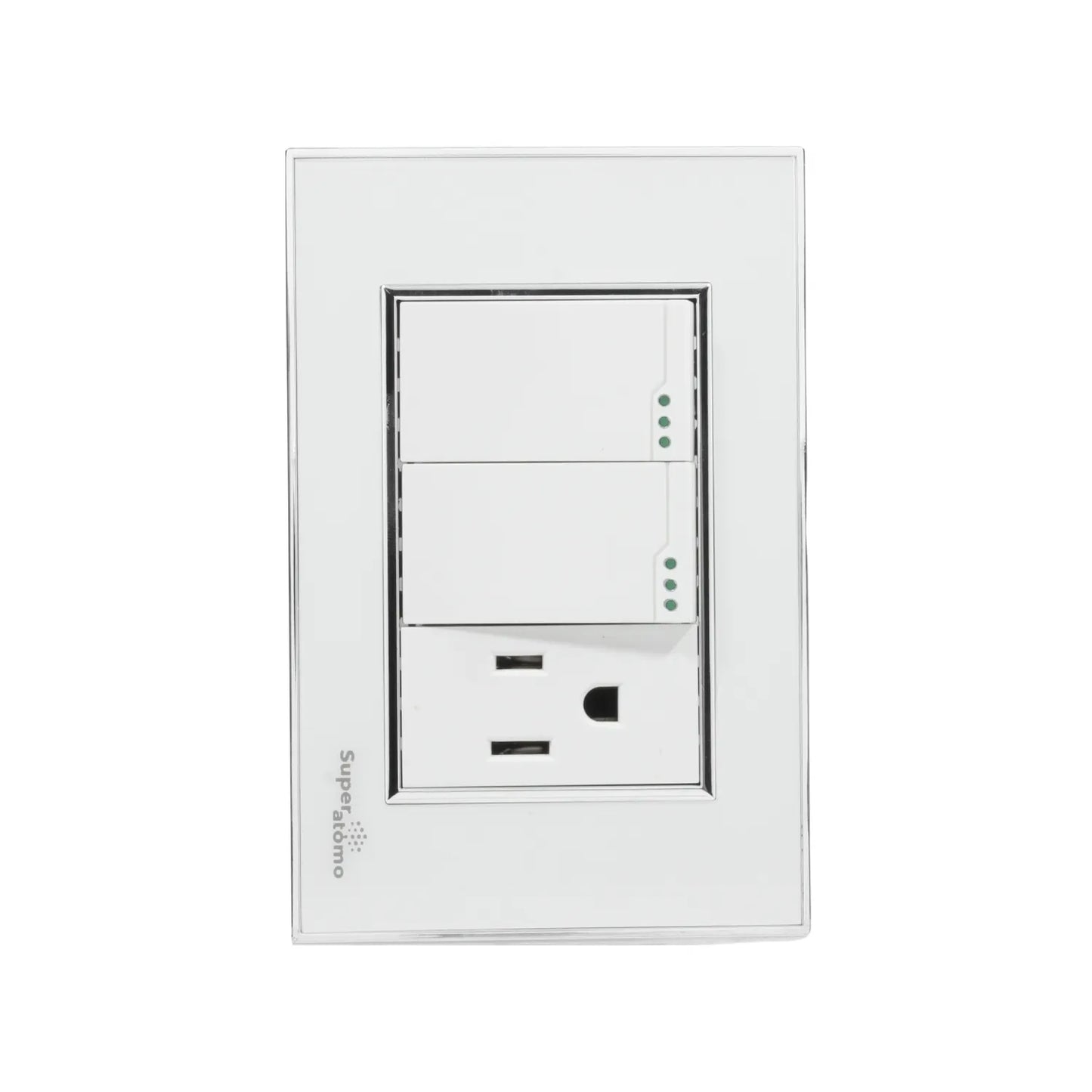 Placa de pared eléctrica blanca Super átomo con 2 interruptores de luz y 1 tomacorriente de pared.