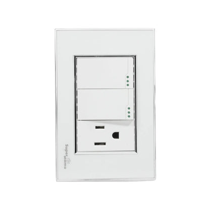 Placa de pared eléctrica blanca Super átomo con 2 interruptores de luz y 1 tomacorriente de pared.