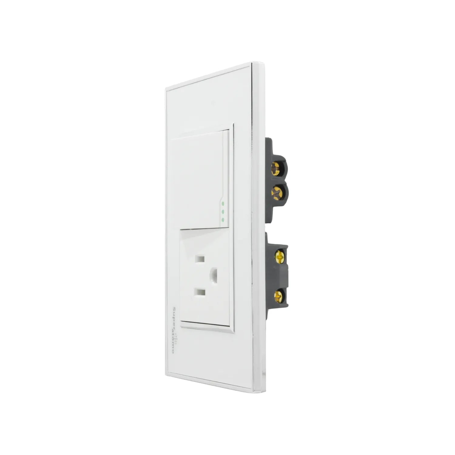 Placa de pared blanca Super átomo con interruptor de luz 3 vías, indicador LED y toma de corriente eléctrica.