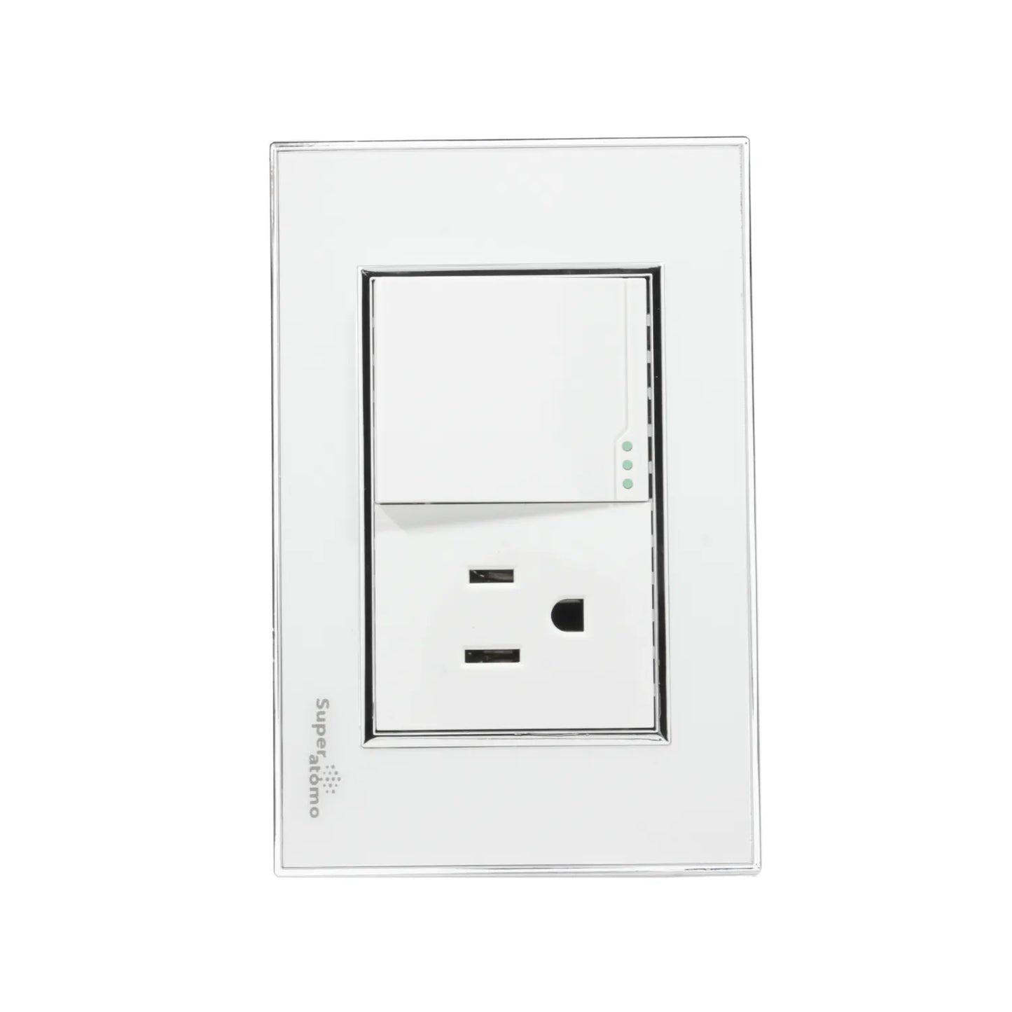 Placa eléctrica Super átomo blanca, diseño moderno, con 1 apagador y 1 contacto polarizado.