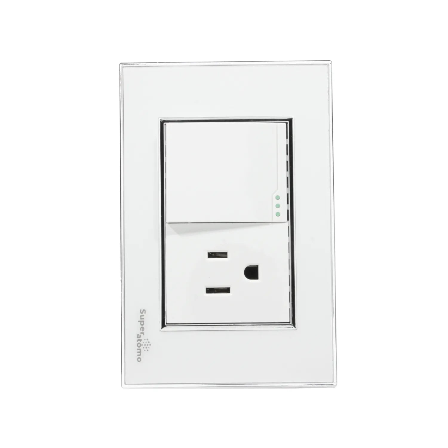 Placa eléctrica Super átomo blanca, diseño moderno, con 1 apagador y 1 contacto polarizado.