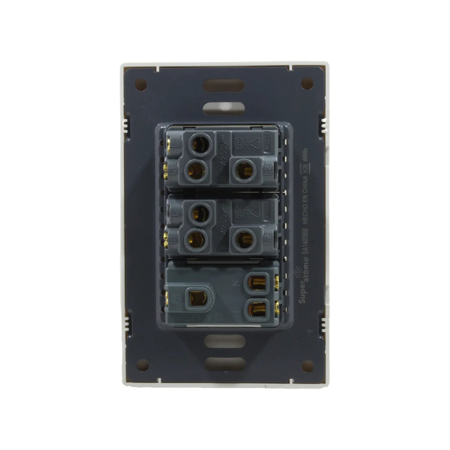 Placa eléctrica Superátomo con 2 apagadores y 1 contacto, vista posterior, color blanco y gris oscuro.