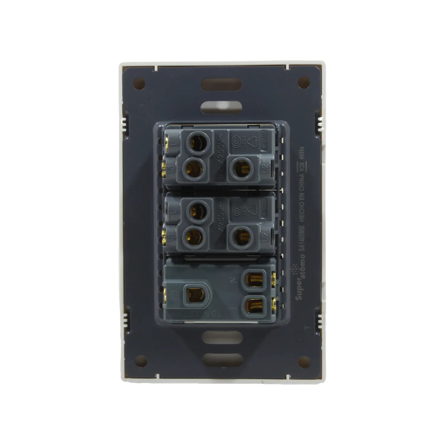 Placa eléctrica Superátomo con 2 apagadores y 1 contacto, vista posterior, color blanco y gris oscuro.