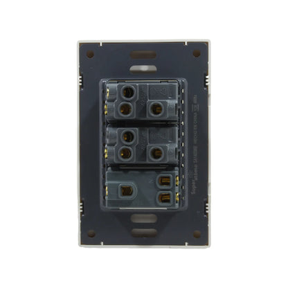 Placa eléctrica Superátomo con 2 apagadores y 1 contacto, vista posterior, color blanco y gris oscuro.