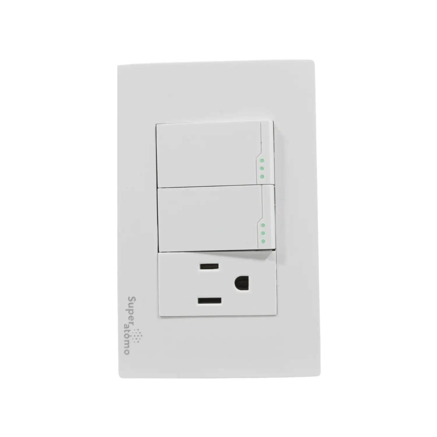 Placa eléctrica blanca Super átomo con dos apagadores de luz y un contacto duplex polarizado