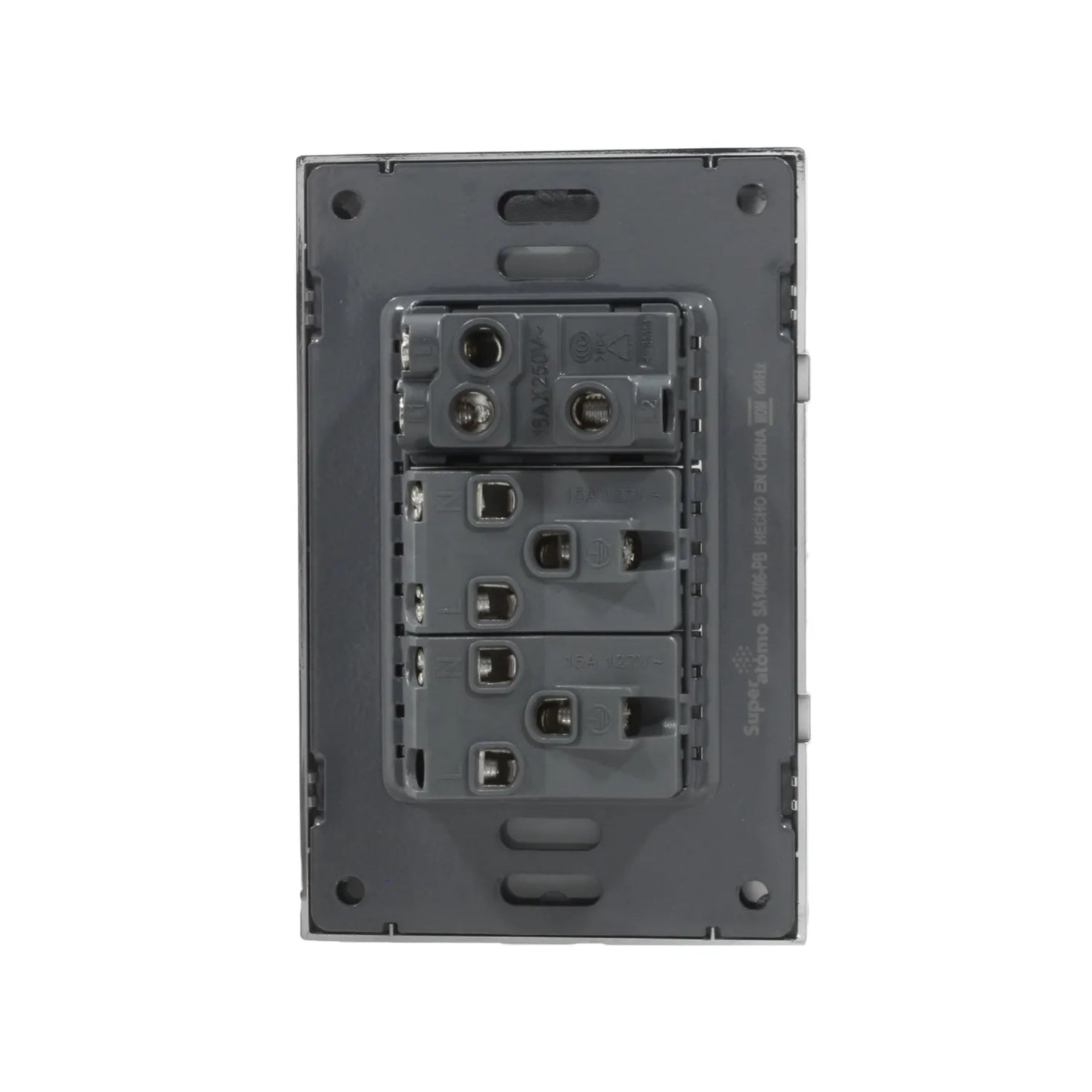 Placa eléctrica Super átomo, vista posterior gris con terminales de un apagador 10A 250V y dos contactos 15A 127V.